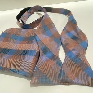Mens Bow Tie & Matching Pocket Scarf Blue Mauve Plaid Check Adjustable Polyester